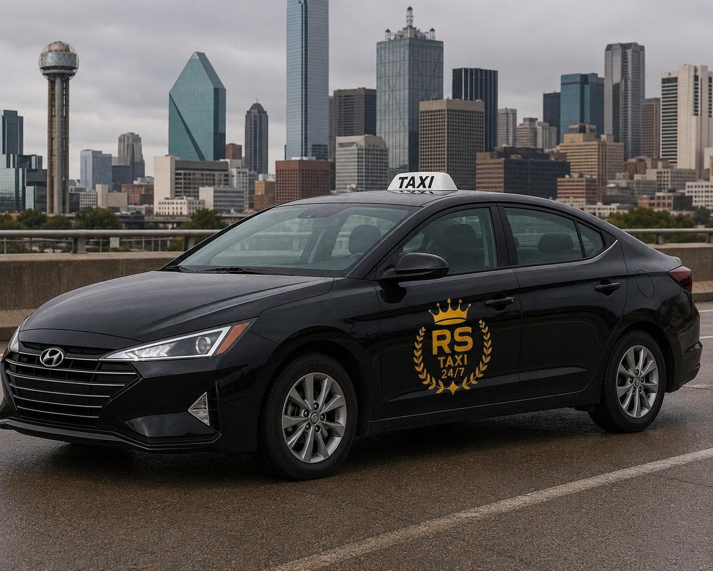 Luxury black SUV with the Dallas skyline at night